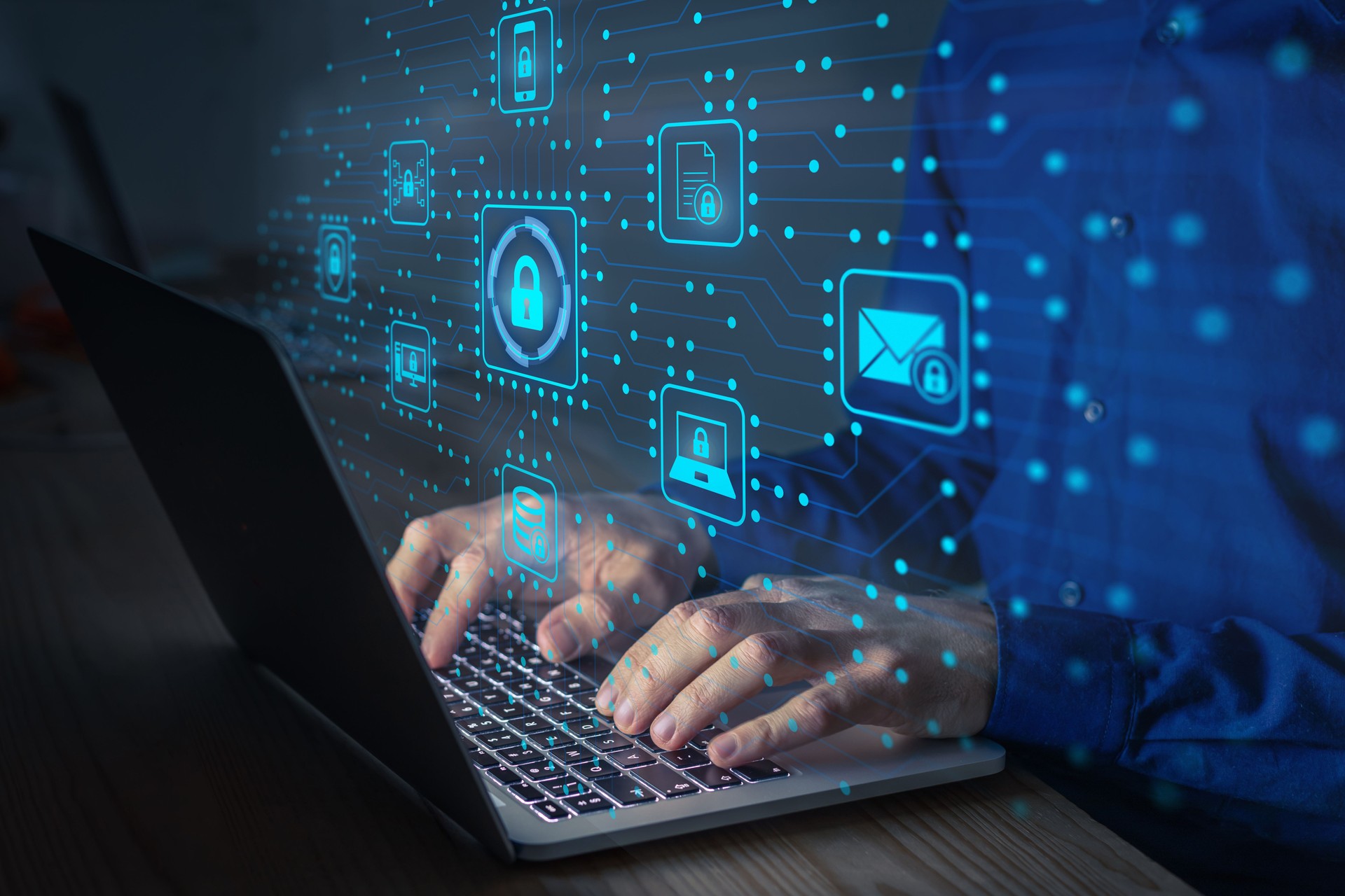 Image depicting a business’s internet-exposed systems like websites and email servers being monitored and secured against cyber threats.