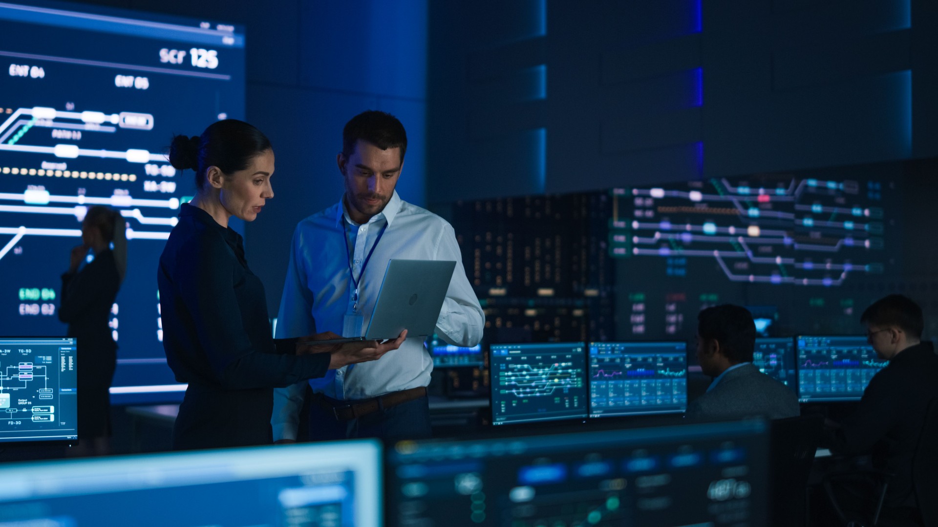 Image showing secure network infrastructure protecting servers, routers, and data flow to prevent unauthorized access and cyber threats.