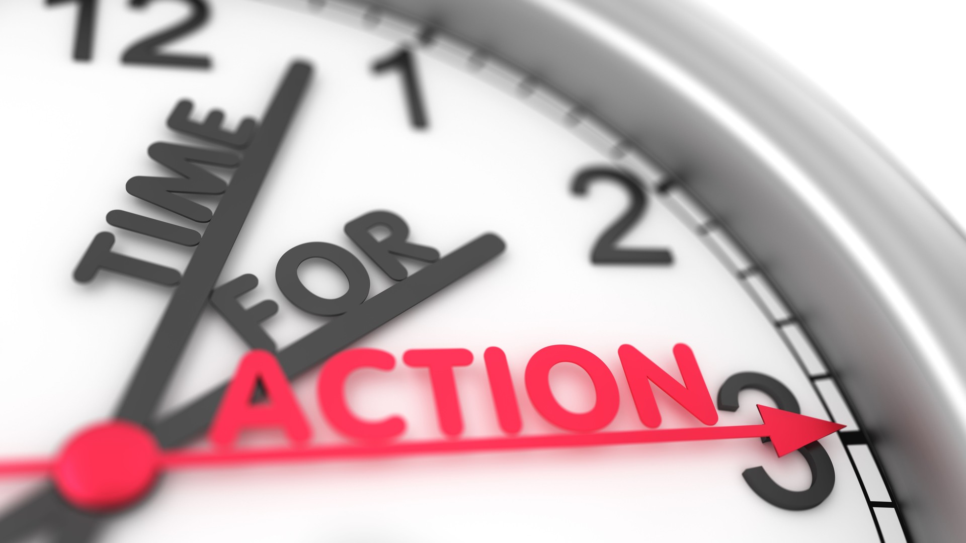 Clock with words Time for Action. 3d illustration. Change your life now. Best used for business, advertising and marketing.